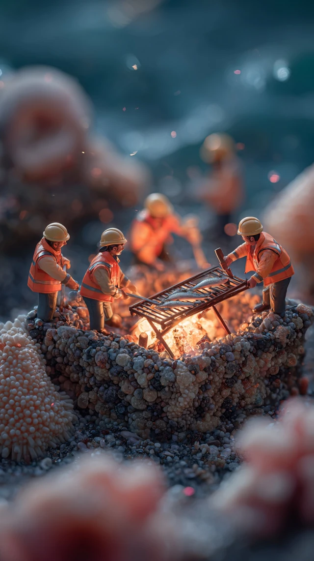 Miniature Construction Workers Grilling Fish Underwater