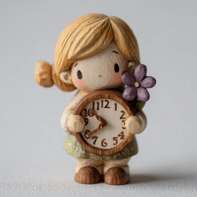 Wooden Carving Girl Holding Clock Figurine