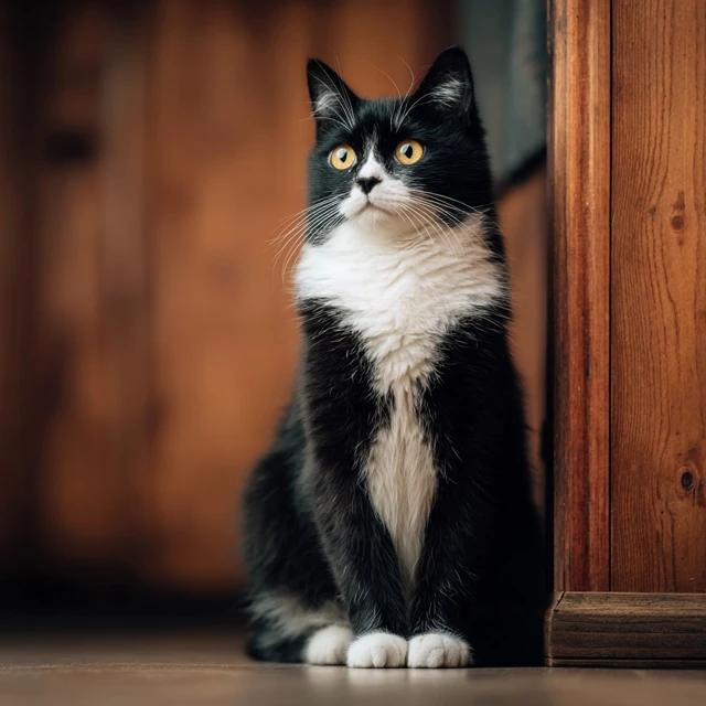 Tuxedo Cat Sitting Upright Adorable Black and White Cat