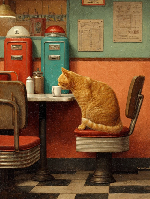 Cat in Diner Drinking Coffee