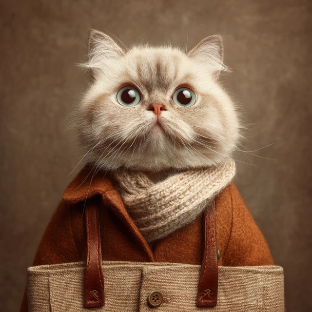 Beautiful Cat in Vintage Clothes with a Bag