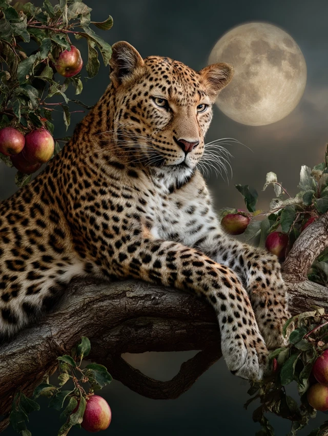 Leopard on a Branch Under Moonlight