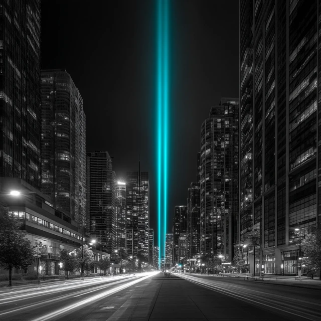 Minimalist Cityscape at Night with Cyan Light
