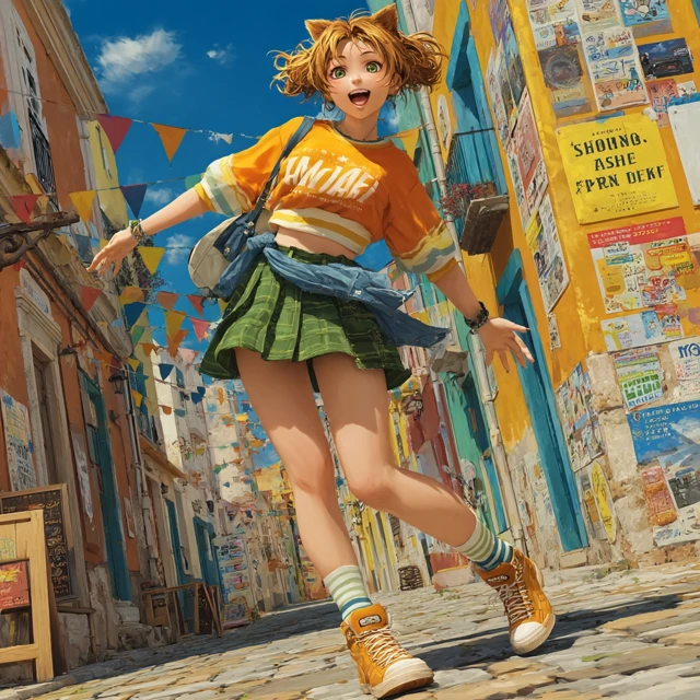 Anime Catgirl Dancing in a Colorful Street Scene