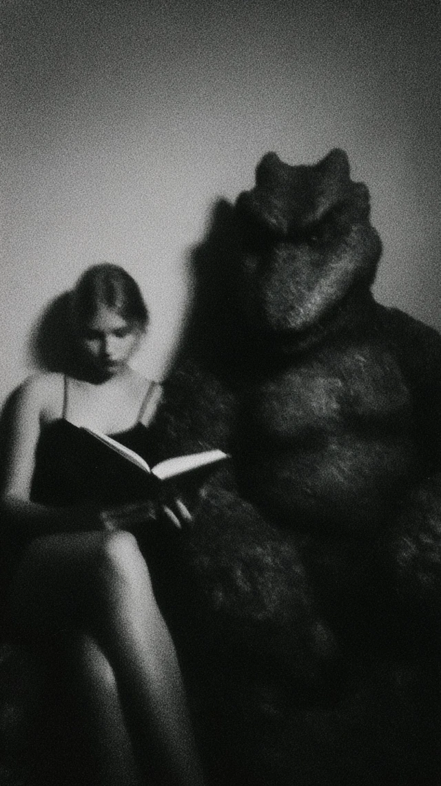 Woman and Monster Reading Black and White Photo