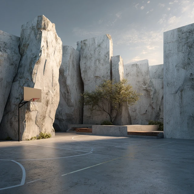 Urban Basketball Court with Rock Wall Design