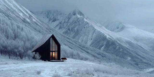 Minimalist Cabin in Snowy Landscape