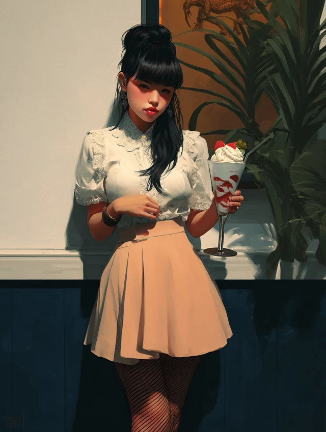 Anime Maid with Parfait Dessert Cafe Fantasy Art