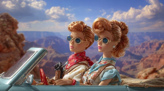 Thelma and Louise Barbie Dolls on a Road Trip