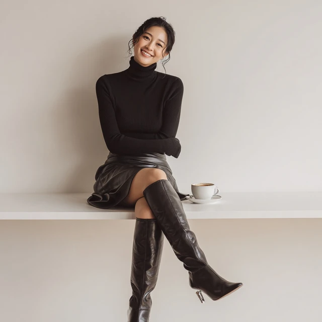 Korean Woman in Leather Skirt and Boots
