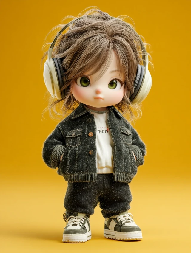 Anime Chibi Singer 3D Render with Headphones