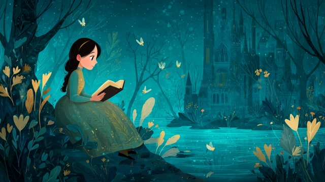 Princess Reading in Enchanted Forest Illustration