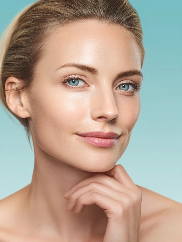 Beauty Model Showing Skincare Effect Light Blue Background