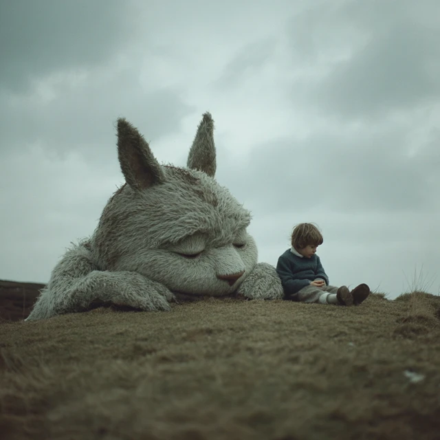 Giant Rabbit and Child Napping on a Hill