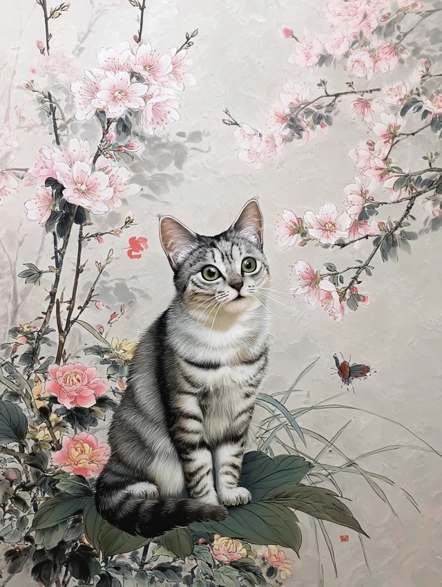 Cat Butterfly Chinese Ink Painting
