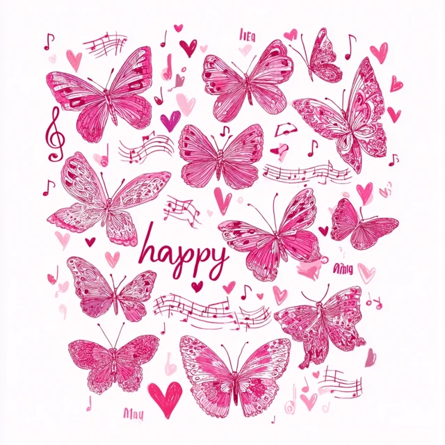 Pink Butterflies Hearts and Music Illustration