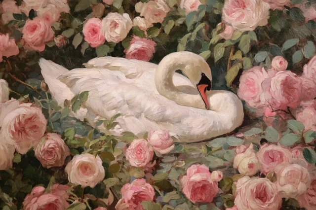 Swan and Roses Cottagecore Painting
