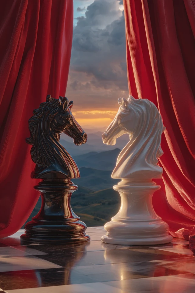 Chess Knight Confrontation Surreal Sunset Photo