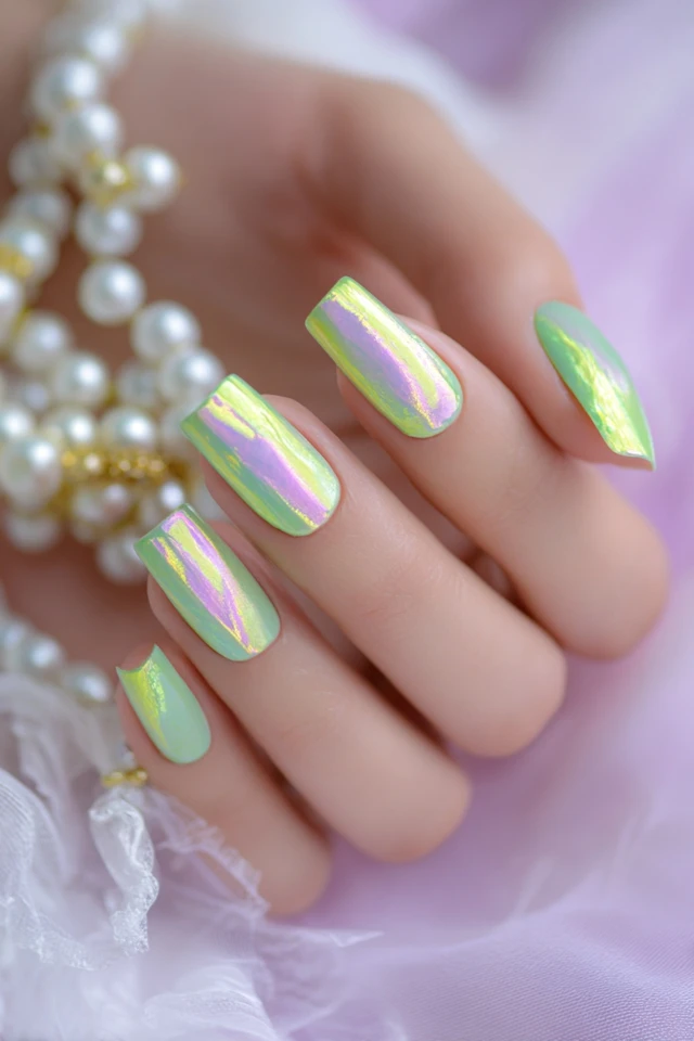 Luxury Light Green and Yellow Holographic Nail Art