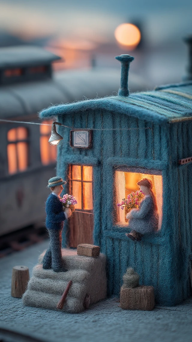 Needle Felted Train Station Tender Moment