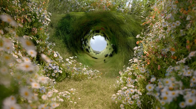 Grassy Tunnel with Wildflowers and Blue Sky