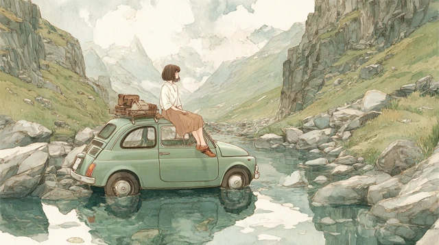 Fiat 500 in River Anime Illustration