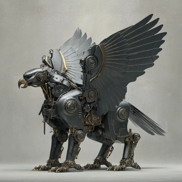 Sci Fi Mecha Griffin with Metal Wings