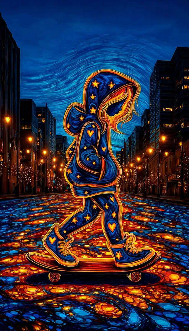 Girl Skateboarding in Neon City Art