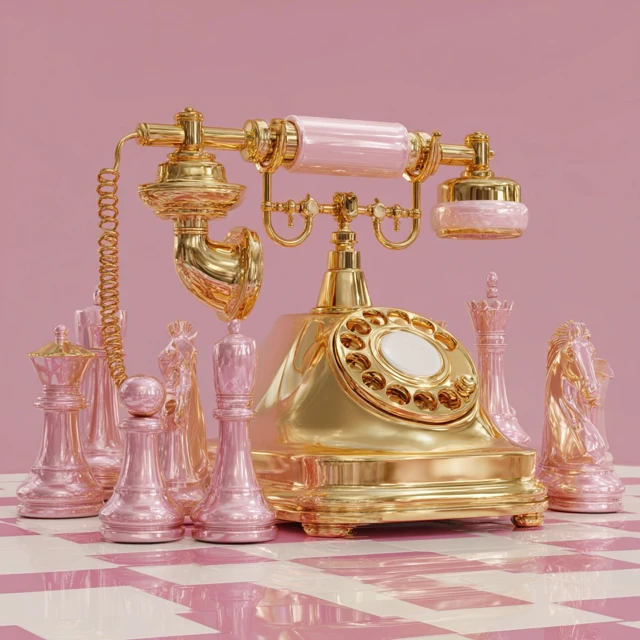 Shiny Gold Telephone and Chess Pieces Graphic