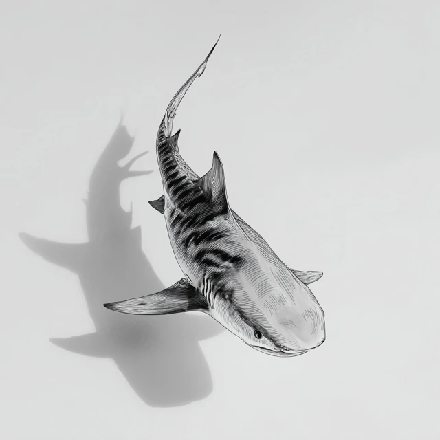 Tiger Shark Tattoo Drawing Aerial View Black and White