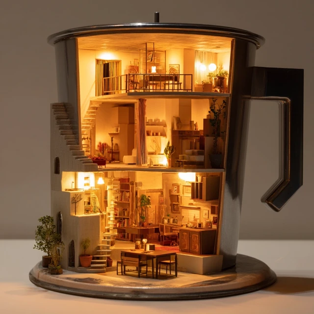 Miniature Home Interiors Inside Espresso Pot