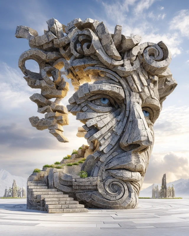 Stone Sculpture Head with Spiraling Curls and Sunset Glow