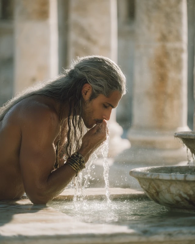 Greek Man Silver Hair Washing Face Ancient Setting