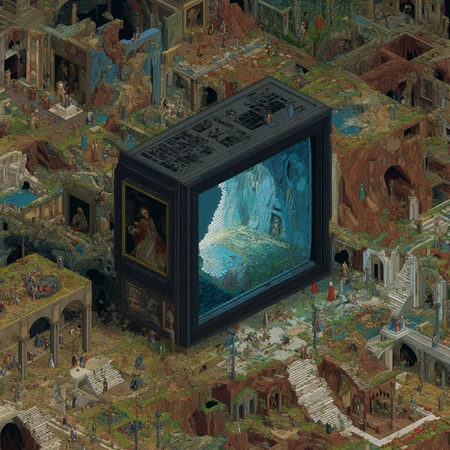 Pixelated Bosch Painting Intricate Symbolism