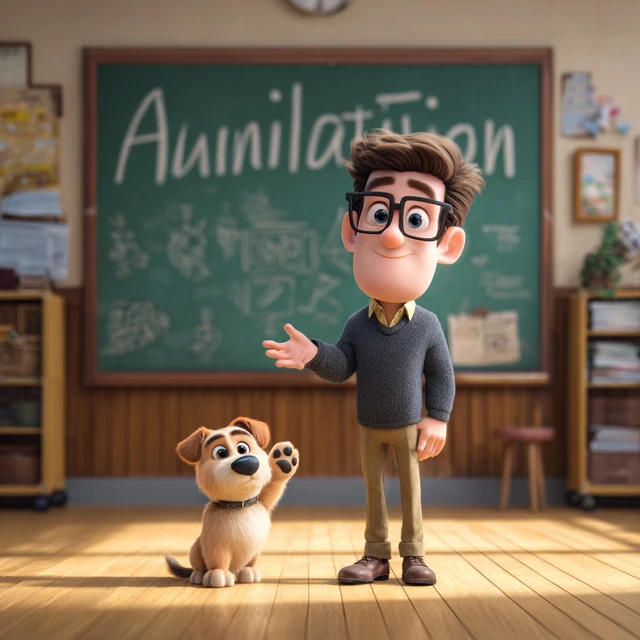 Pixar Classroom with Teacher and Puppy