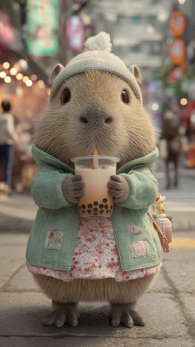 Cute Capybara with Milk Tea in City Street 3D