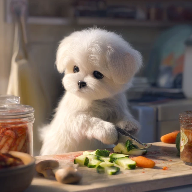 Maltese Puppy Chef Cooking Kimchi