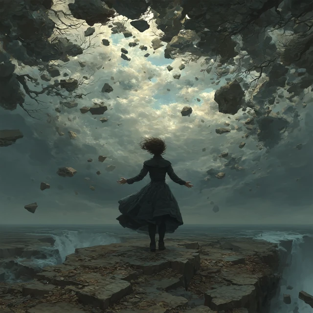 Woman on Collapsing Cliff Surreal Art