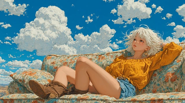 Anime Girl on Sofa Blue Sky Illustration
