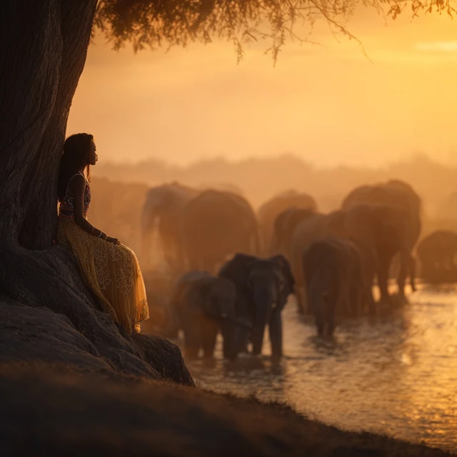 Sunrise with Elephants and Girl National Geographic Style