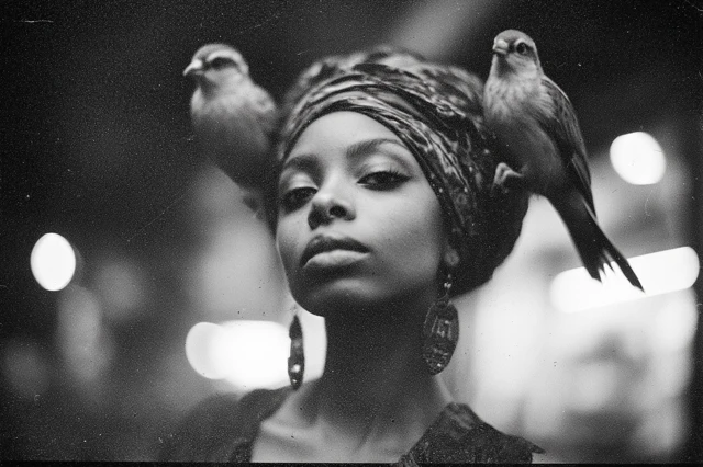 Black and White Portrait of Woman with Birds