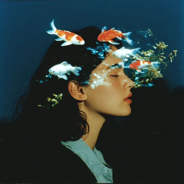 Serene Woman with Koi Fish Dreamlike Art