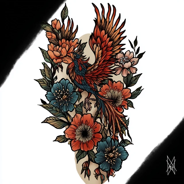 Neo Traditional Tattoo Design: Phoenix and Flowers
