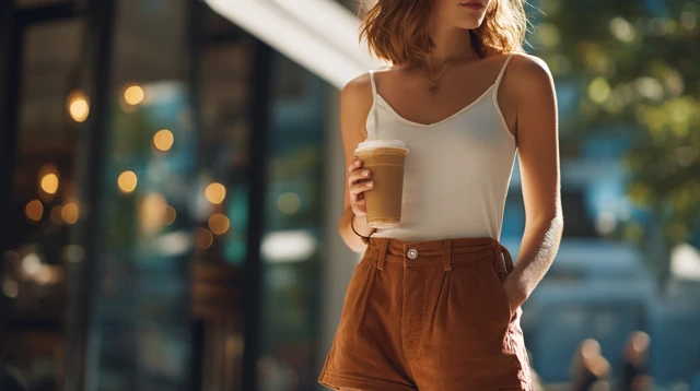 Fashionable Woman with Iced Coffee Summer Outfit