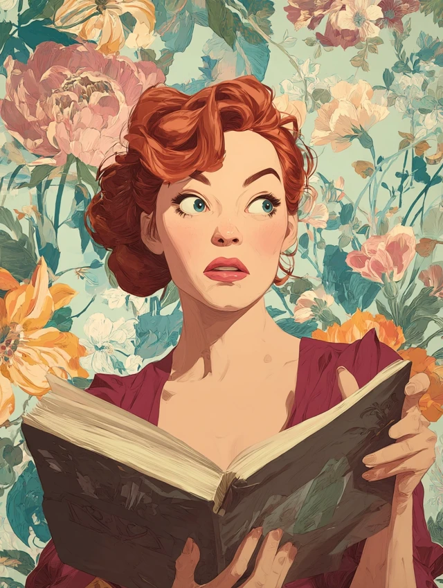 Vintage Woman Reading Book Floral Background