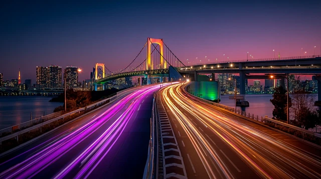 Tokyo Highway Night Rainbow Bridge Glowing
