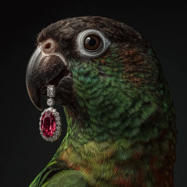Parrot with Ruby Earring Luxury Product Photography