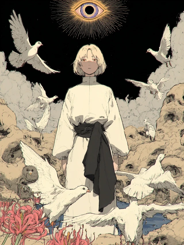 Anime Art Girl Surrounded by Pigeons