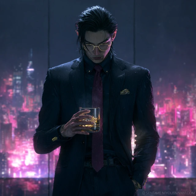 Handsome 3D Man in Suit Whiskey Neon Cityscape