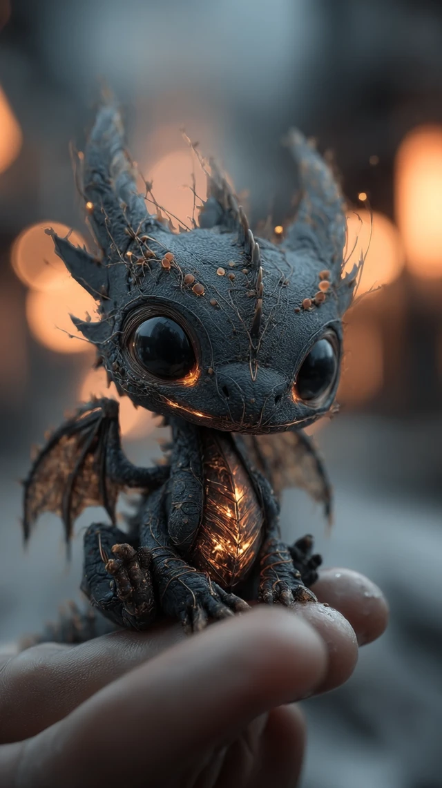Adorable Tiny Black Dragon in Hand Fantasy Art